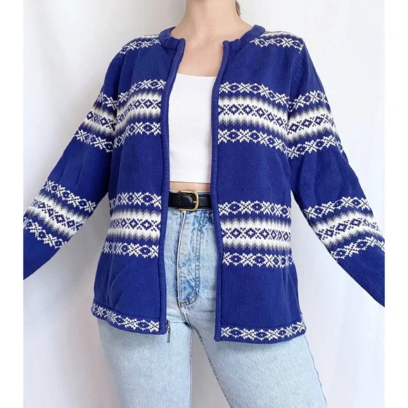 Vintage Retro Fair Isle Blue + White Printed Zip Up Knit Cardigan Sweater - Picture 4 of 12